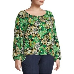 INC International Concepts Boho Floral Puff Sleeve Relaxed Fit Elastic Neck Top